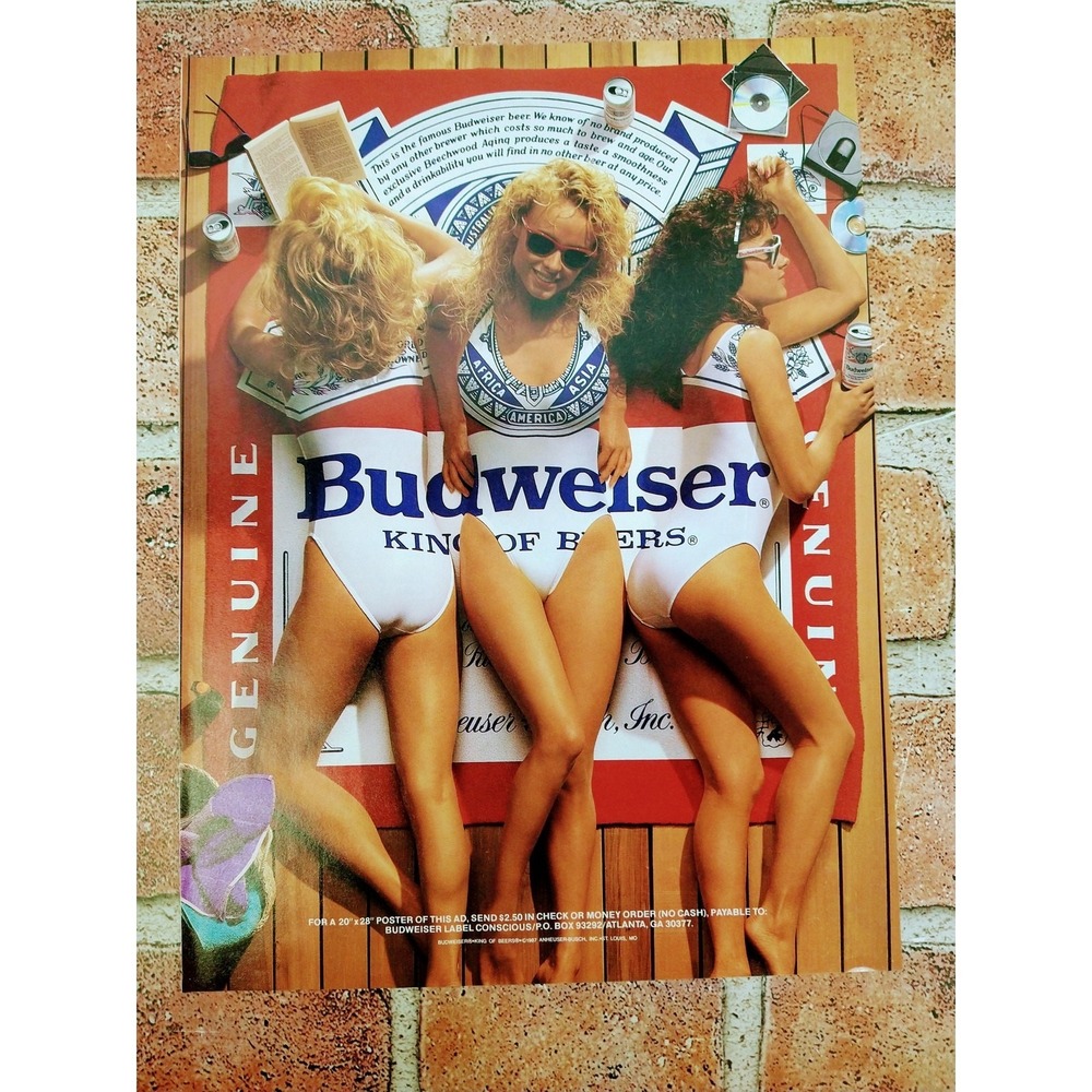 1988 Budweiser Beer - Sexy Babes Big Hair Sunbathing Swimsuits - Vtg PRINT AD